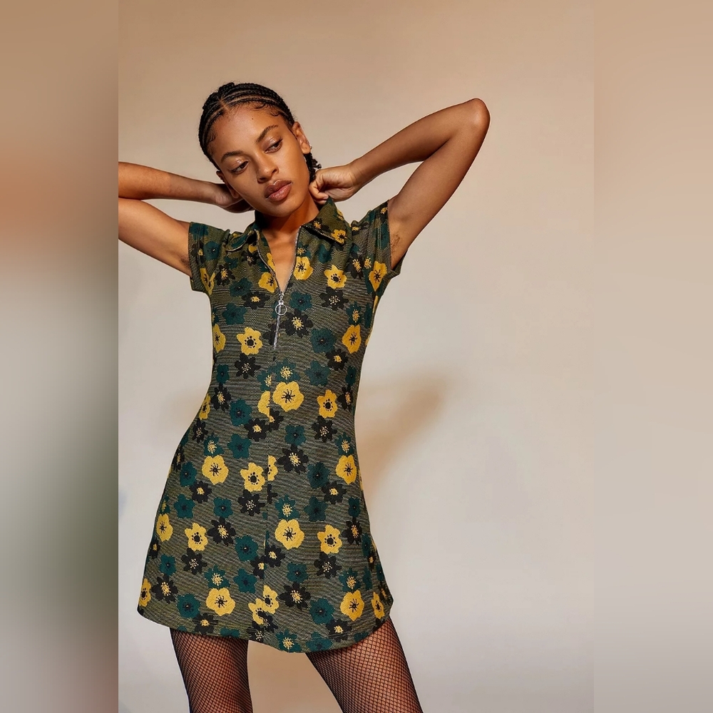 Urban Outfitters Arlo Green Yellow Floral Print Zip Front Short Sleeve Dress